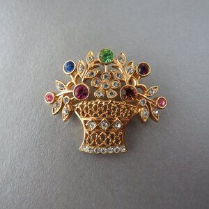 Vintage Basket of Flowers Multi color Crystals Gold Tone Metal Brooch Pin